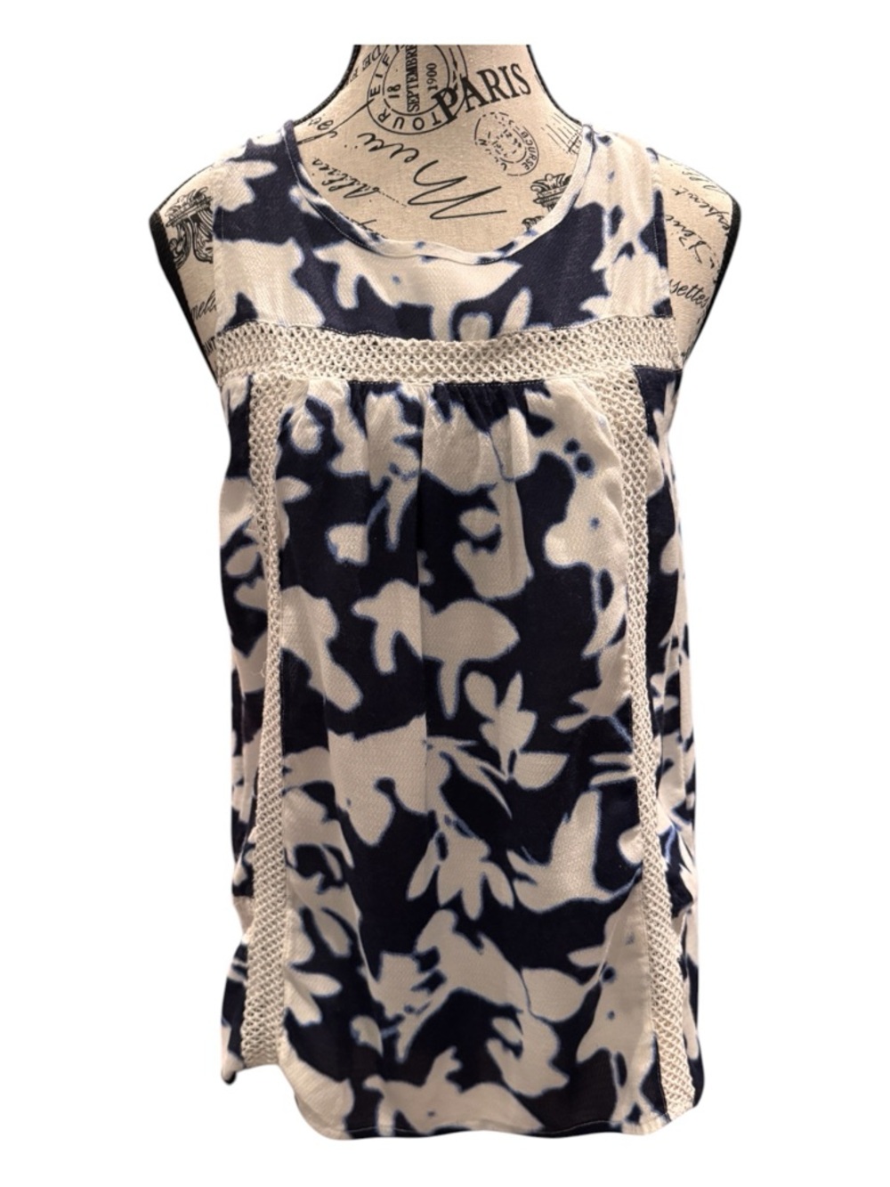 Lucky Brand Blue and White Tie-Dye Sleeveless Tank with Crochet Detail